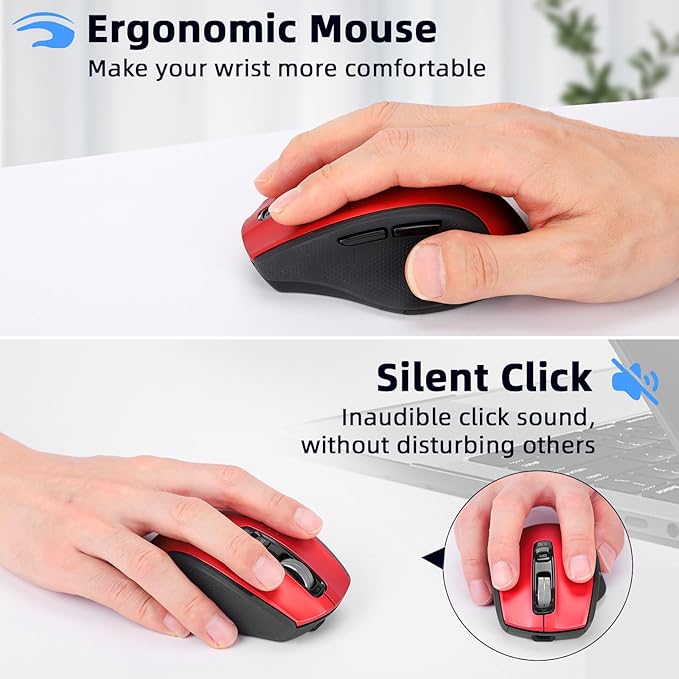 Wireless Bluetooth Mouse with USB A USB C Receiver Rechargeable Multi Device Mouse Silent Ergonomic Full Size Portable for iPad/MacBook/PC/Computer/Laptop-Red