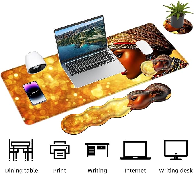 Keyboard Mouse Pad Set Extended Gaming Mouse Pad+Ergonomics Keyboard Wrist Rest Support Memory Foam Easy Typing Pain Relief 4Pcs XL Ultra Thick Desk MatAfrican Woman Gold Glitter