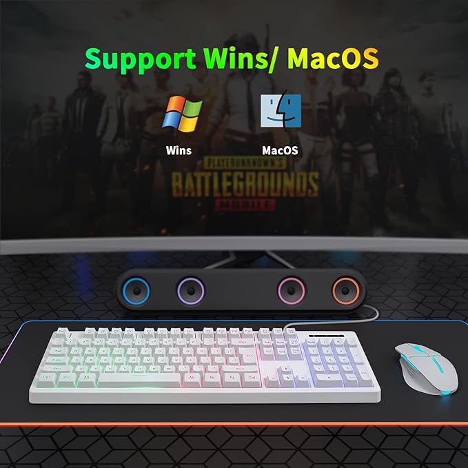 HUO JI White Gaming Keyboard USB Wired with Rainbow LED Backlit Floating Keys Mechanical Feeling Spill Resistant Ergonomic for Xbox PS Series Desktop Computer PC
