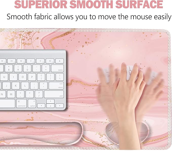 ARTSO Extended Gaming Mouse Pad Set Keyboard Wrist Rest Support Pad + Wrist Cushion + XXL Large Mouse Pad + Coaster Stitched Edge Non-Slip Memory Foam Desk Mat Pink Gold Marble