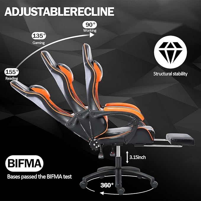 Gaming Chair - Premium Gaming Chairs for Adults Adjustable Video Game Chairs Comfy Gamer Chairs for Adults Uniquely Designed VTech Gaming Office Silla Gamer (Black+Orange)