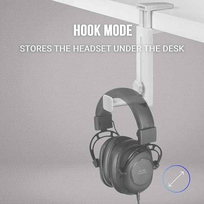Mars Gaming MHH2 Headphone Stand Hook and Stand Cable Management Height Adjustable White