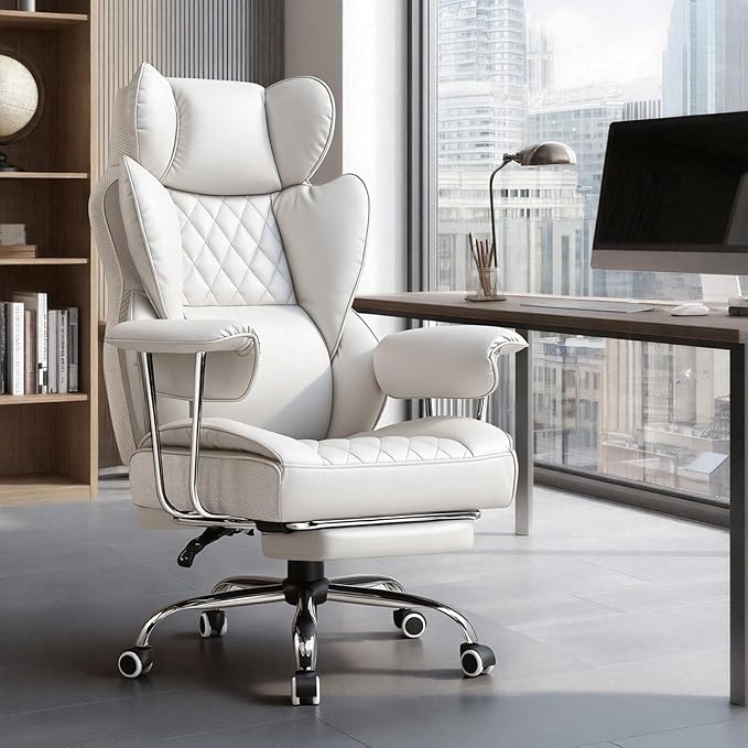 GTPLAYER Gaming ChairOffice Chair with Pocket Spring Lumbar Support Ergonomic Comfortable Wide Office Desk Computer Chair with Outward Fixed Soft Armrests and Footrest(PU Leather White)