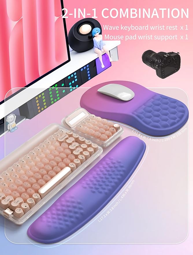 Hokafenle 2in1 Combination Wave Keyboard Wrist Rest and Ergonomic Curvature Mouse Pad Wrist Support for Relieve Wrist Pain Filled with Soft Cushion Memory Foam Gradient Blue Purple