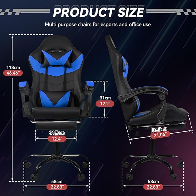 Gaming Chair Computer Chair with Footrest and Lumbar Support &amp LED Height Adjustable Game Chair with 360°-Swivel Seat and Headrest and for Office or Gaming (Black-Blue)