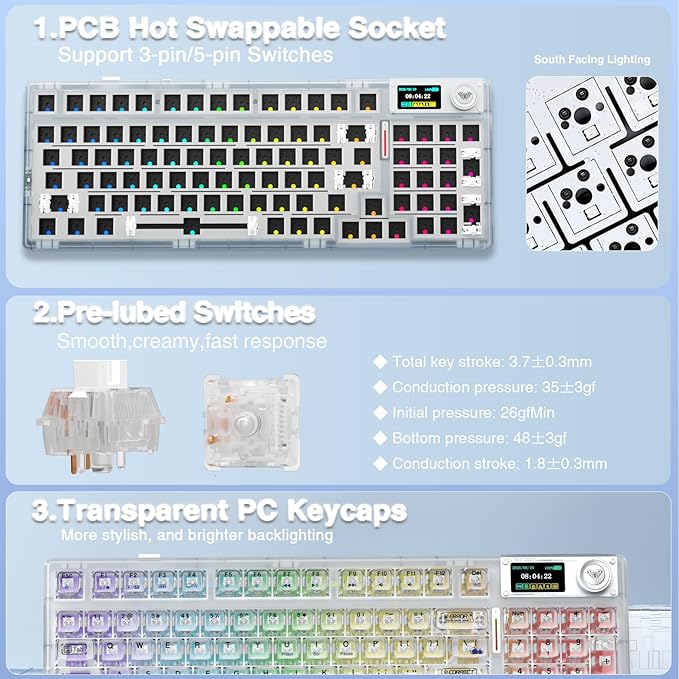 AULA F98 Pro Wireless Mechanical Keyboard with Transparent KeycapsHot-swappablePre-lubed Linear SwitchesGasket StructureRGB BacklitOLED ScreenBT5.0/2.4G/USB-C Wired Computer Keyboard