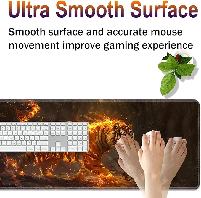 Large XXL Gaming Desk Mat 31.5x 11.8 Ergonomic Keyboard Wrist Rest &amp Mouse Pad Wrist Rest + Coaster Set Non-Slip Base Memory Foam Office and Home Fire Tiger