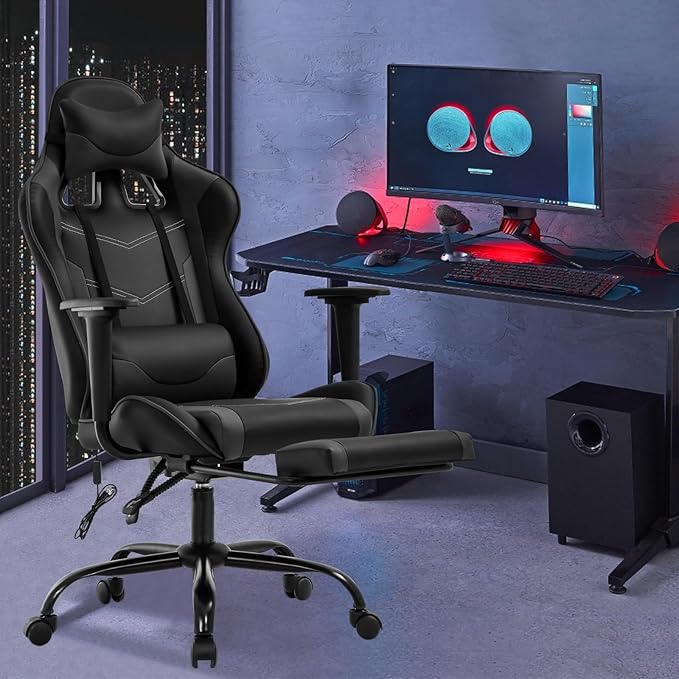 Massage Gaming Chair - Ergonomic PC Racing Office Chair with Lumbar Support Headrest Armrest Footrest - Black Heavy Duty PU Leather Recliner for Adults Gamer (Grey)