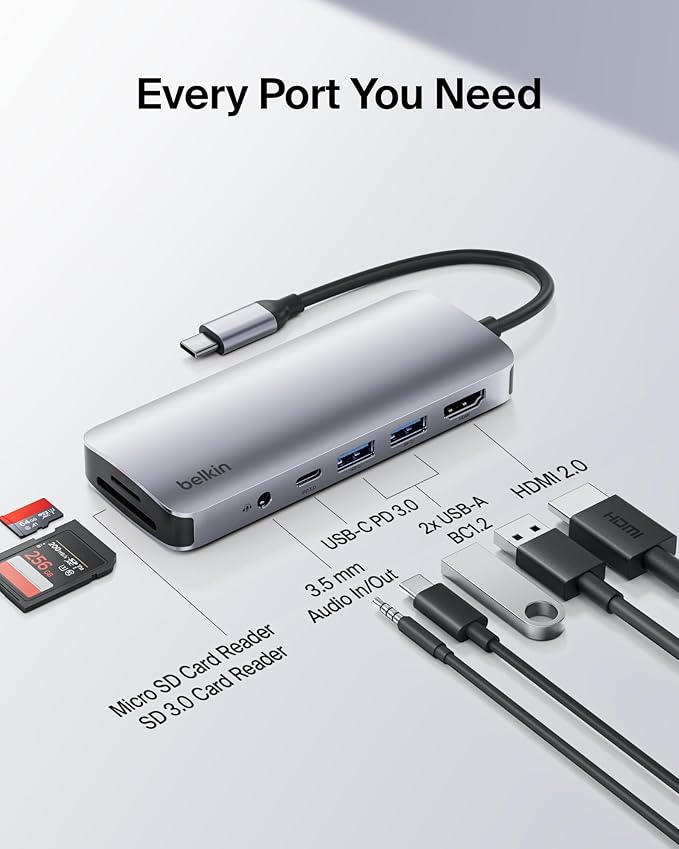 Belkin USB-C Hub 7-in-1 Multiport Adapter - USB Docking Station with 4K HDMI USB-C PD 3.0 Port 2 x USB-A 3.1 Ports SD Card &amp MicroSD Card Slots &amp 3.5mm Audio Jack for MacBook Air iPad P