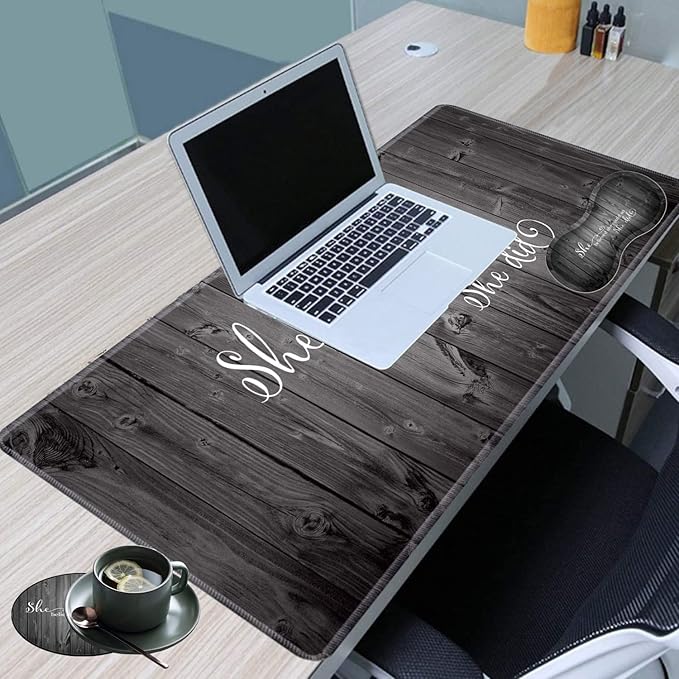 Large Game Mouse Pad + Wrist Support Pad + Coffee Coaster She Believed She CouldSo She Did Foldable Table Mat with Stitched Edge Non-Slip Set Pad Suitable for Office Work and Home