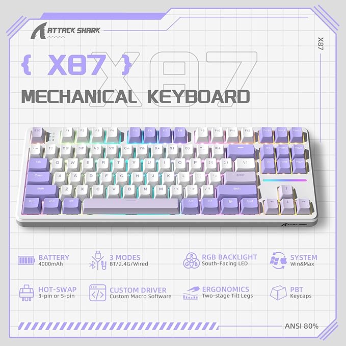 ATTACK SHARK X87 Wireless Mechanical Gaming Keyboard 87 Keys RGB Backlit Gasket Mount PC Gaming Keyboard Compact Hot-Swappable Mechanical Keyboard Sound Absorbing Pads Custom Switch(Purple White)