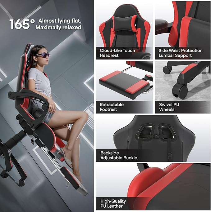 Athena Collection Ergonomic Gaming Chair with Footrest &amp Headrest Lumbar Support Height Adjustable Swivel Office Chair Reclining Game Chair Leather High Back Computer Chair for Adults Kids Red