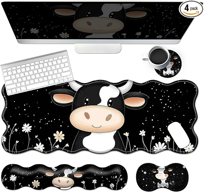 4-Piece XXL Gaming Mouse Pad Set (31.5x11.8) with Keyboard Wrist RestMouse Wrist Support &amp CoasterErgonomic Non-Slip Desk Mat for Office &amp HomeCute Black White Cow