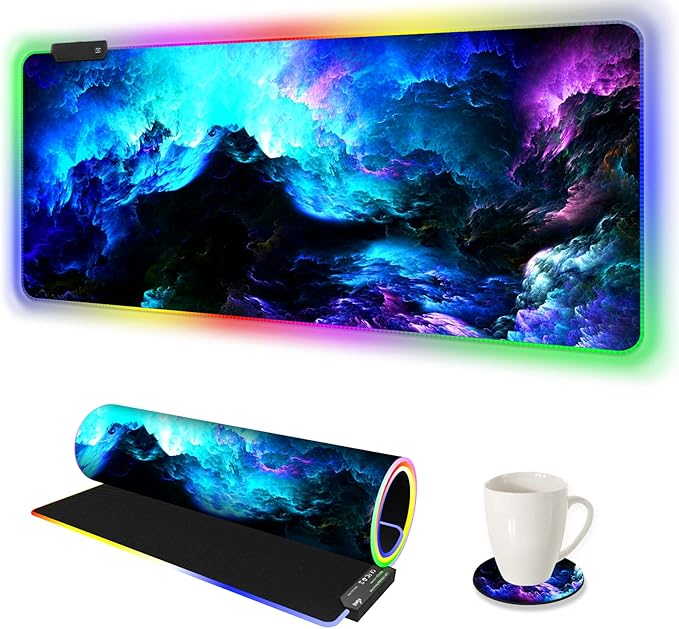 ARTSO RGB Gaming Mouse Pad Large Extended LED Mouse Mat XXL 35.4x15.7 inch 14 Lighting Modes 2 Brightness Non-Slip Rubber Base Mousepad Waterproof Keyboard MatFantasy Nebula Sky