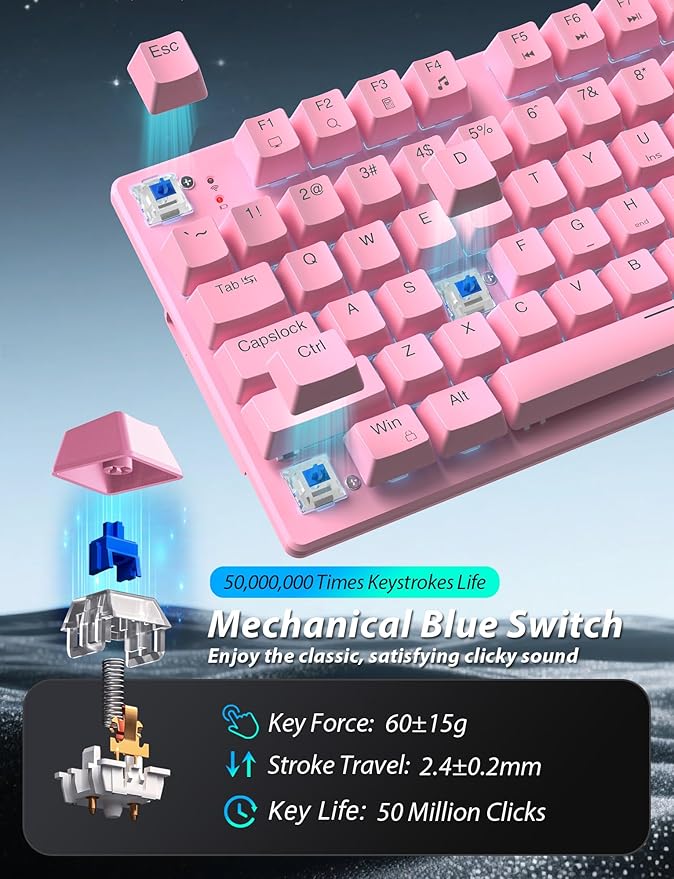 Wireless Mechanical Gaming Keyboard and Mouse Combo 98 Keys RGB Backlit Rechargeable 2000mAh Battery 3-Mode BT5.0/2.4G/USB-C (Pink)
