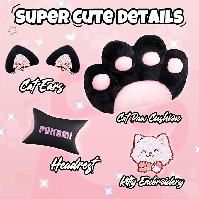 Black Gaming Chair with Cat Ears and Cat Paw Lumbar Cushion Cute Ergonomic Gaming Computer Desk Chair with Footrest and Linked Armrests Comfortable PU Leather Game Chair for Girls and Adults