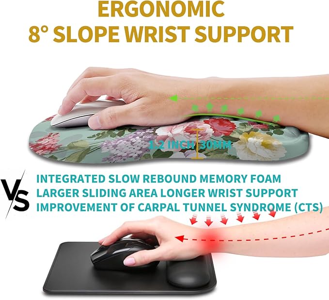 Hokafenle Ergonomic Mouse Pad Wrist Support Wrist Rest Mousepad for Carpal Tunnel Pain Relief with Integrated Memory Foam Slope Massage Bulge (11.8x7.9 inchGraceful Peony