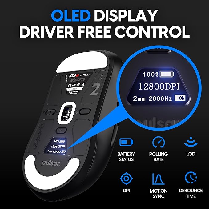 Pulsar Gaming Gears - X2H eS Wireless Gaming Mouse Symmetrical Optical Switch OLED Display Driverless PAW3395 Sensor 100H Battery 4K dongle Included (Medium Black) (Renewed)