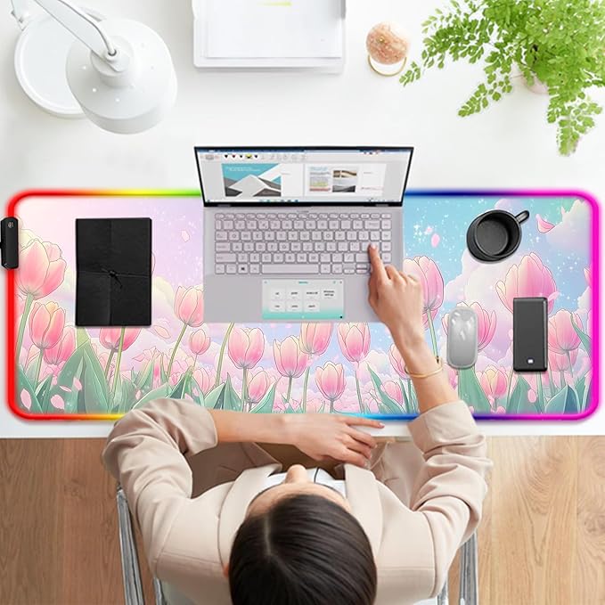 RGB Pink Flower Tulips Gaming Desk Mat Computer Keyboard Large Extended Long Floral LED Mouse Pad for Office and Home XL (W30)