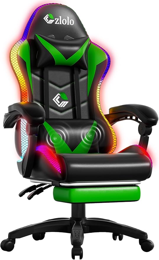 Gaming Chair Racing Style RGB LED Lights Gaming Chairs for Adults and Kids Lumbar Massager Gamer Chair High Back Reclining Computer Chair with Footrest and Headrest (Black/Green)