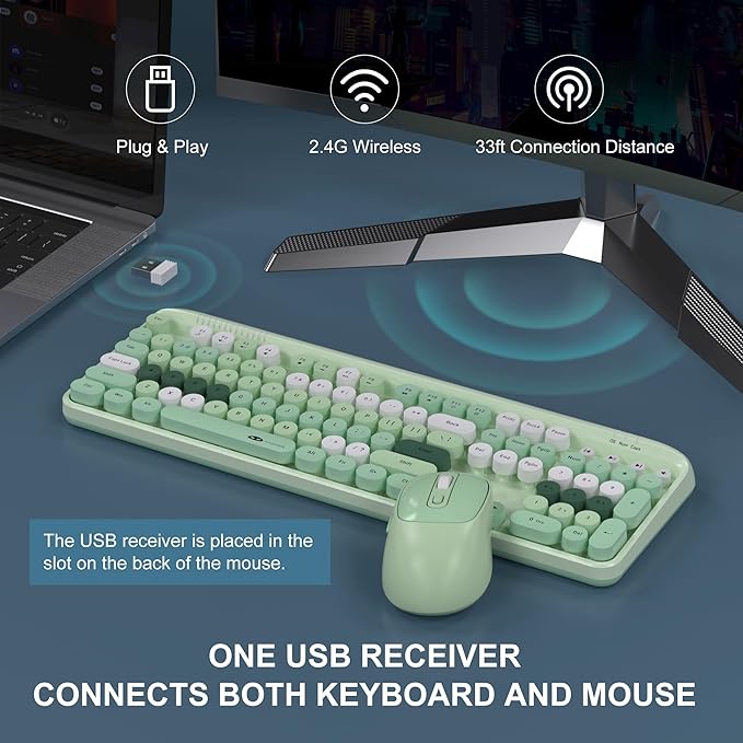 MageGee V920 Wireless Keyboard and Mouse Combo 2.4G Full-Sized Retro Typewriter Keyboard with Round Keycaps &amp Auto-Sleep Mode Cute Computer Keyboard and Cordless Optical Mouse for Laptop/PC (Gre