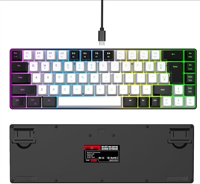 Membrane Wired Gaming Keyboard RGB Backlit Membrane Gaming Keyboard 68 Keys Linear Mechanical Feel Keyboard Ergonomic USB Computer Keyboard for Office Home Game (Black and