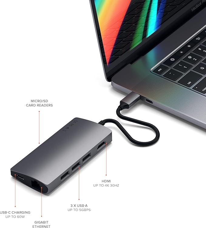 Satechi 8 in 1 USB C Hub Multiport Adapter V2 4K HDMI 115W USB C PD Charging 3 USB-A Ethernet Micro/SD Card Readers for Laptop MacBook Air/Pro M5/M4 iPad Windows - Space Gray