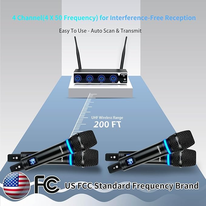 Pro Rechargeable Wireless Microphone System 4 Channel UHF Metal Handheld Wireless Microphones Cordless Mics with VOL Control 4x50 Adjustable Frequency for Karaoke Singing Church(G8)