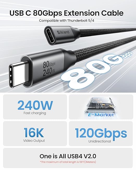 Silkland 80Gbps USB 4 Extension Cable for Thunderbolt 5/4 [240W Charging 8K 60Hz] USB C Extender 1.6ft 4K@540Hz Type C Male to Female Adapter Compatible for USBC Hub iPhone 17/16 iPad MacBook