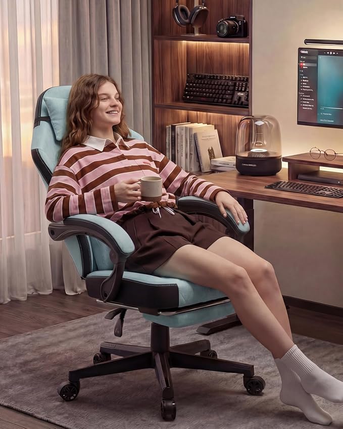 Dowinx Gaming Chair Fabric Gaming Chairs for Adults with Pocket Spring Cushions and Lumbar Support Ergonomic Massage Computer Chair with Footrest for Big and Tall Aqua