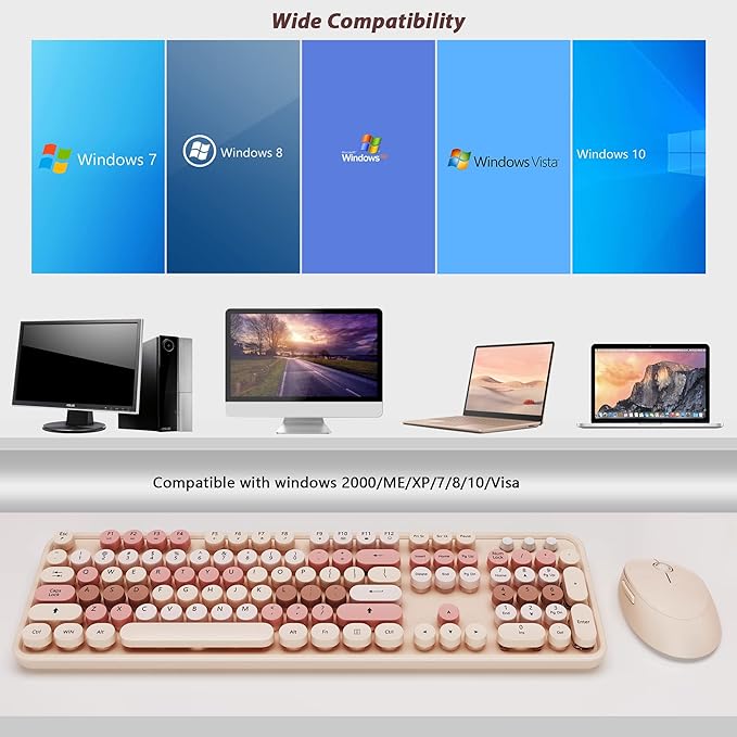 Colorful Wireless Keyboard and Mouse Combo - 104 Key Wireless Keyboard with Number Pad for Windows PC Notebook Laptop (Chocolate)
