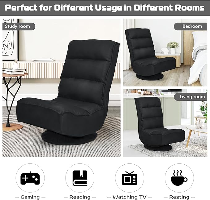 COSTWAY Folding Floor Chair Adjustable 5-Position Video Gaming Chair with 360 Degree Swivel Detachable Cover Padded Backrest Multipurpose Living Room Floor Lounger for TV Reading Playing (Black)