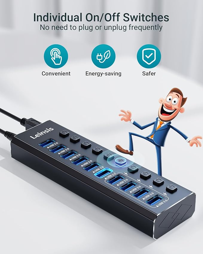 Powered USB Hub 3.0 Leinsis 10-Port USB 3.0 Hub [Durable Aluminum] 10 Data Transfer Ports+ 4 Smart Charging Ports with Individual On/Off Switches USB Hub 3.0 Powered with Power Adapter for Laptop PC