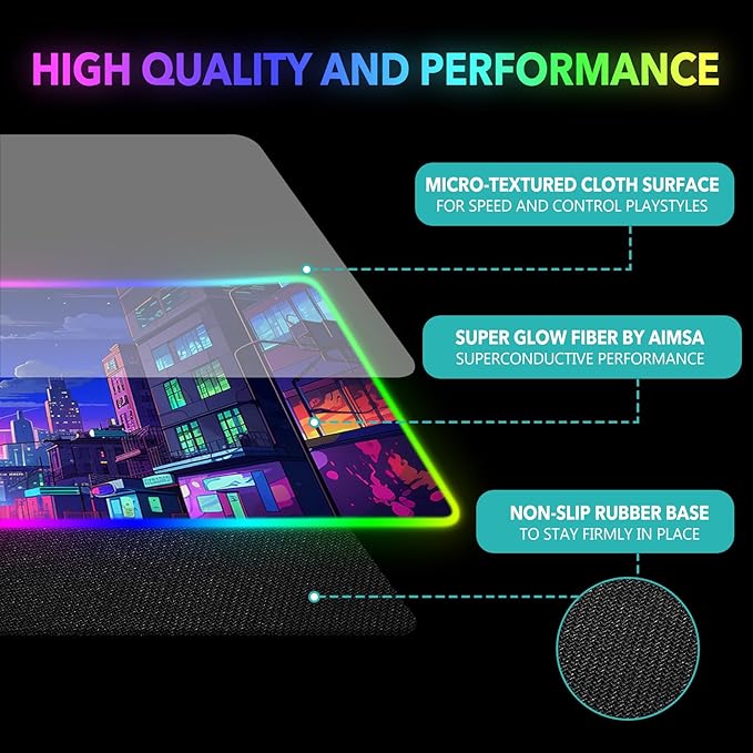 AIMSA RGB Gaming Mouse Pad Large Mousepad with 14 Led Light Modes Keyboard Pad Gaming Accessories for Desk Non-Slip Rubber Base Mouse Mat for Gamer Modern Urban Night Scene