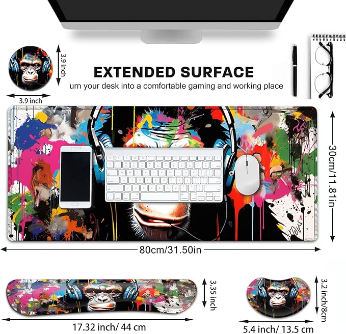 Large Gaming Mouse Pad+ Keyboard Wrist Rest Set Ergonomics Memory Foam Mouse Mat Wrist Rest Support Waterproof Extended Mousepad 31.5x11.8in Gorilla Painted Headphones Desk Pad