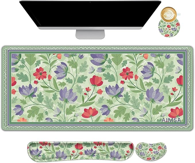 AIMSA Gaming Mouse Pad Wrist Support Set Desk Pad +Mouse Wrist Rest +Keyboard Wrist Rest +Coaster 4in1 Ergonomic Mouse Pad Combo for Home Office -Red Purple Flower
