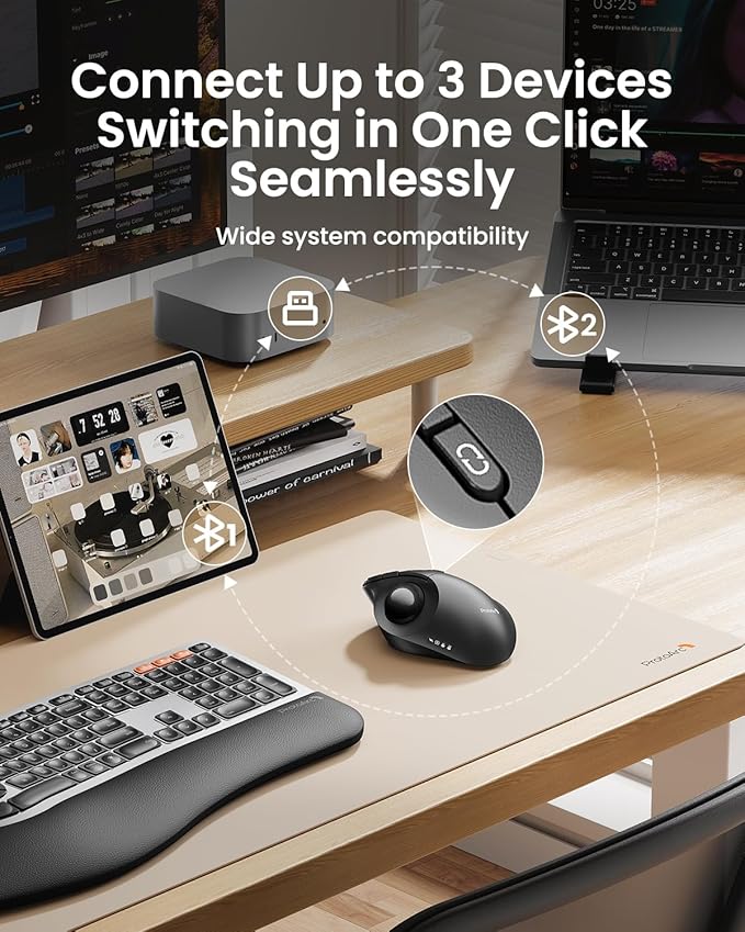 ProtoArc Wireless Bluetooth Trackball Mouse EM02 Two Adjustable Angle Ergonomic Rechargeable Computer Ball Mouse 3 Device Connection Thumb Control and Smooth Tracking for Laptop PC Mac-Gray