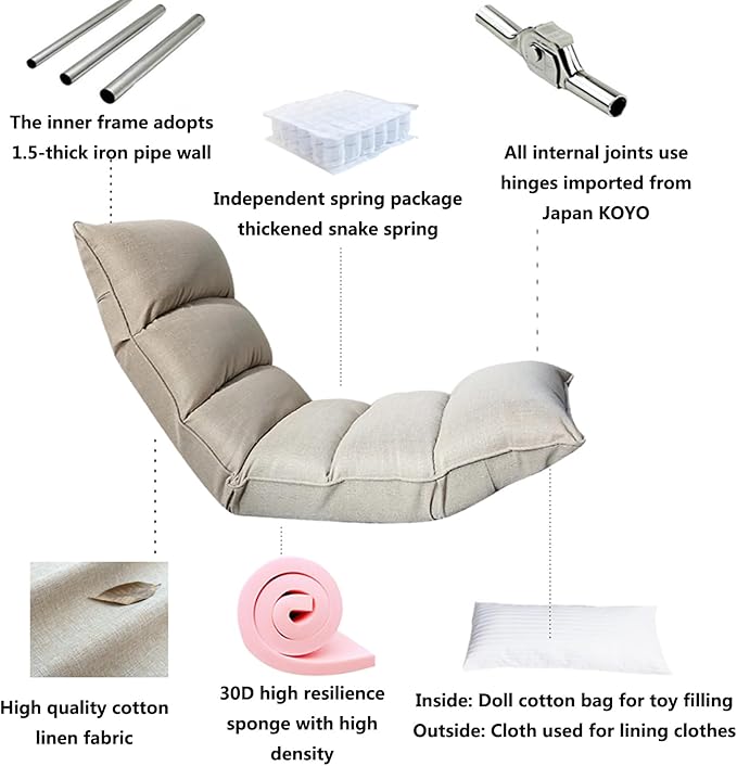 Adjustable Floor Gaming Chair for Adults - Cotton Linen Lounge Chair with 5-Position Adjustable Head Waist and Feet Thick Sponge Padding Sturdy Steel Frame Grey