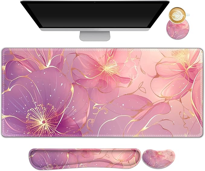 Desk Mat Pad Gaming Mouse Pad Wrist Support Set 4 in1 Non-Slip Large Mousepad + Ergonomic Keyboard Wrist Rest+Mouse Wrist Rest+Coaster for Home Office Computer I Pink Purple Gold Floral