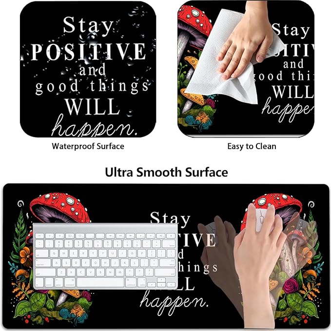 Large Mouse Pad with Mouse Wrist Rest 31.5x11.8 in Extended Mouse Mat with Non-Slip PU Base Ergonomic Memory Foam Wrist Rest for Work &amp Gaming Writing Pad Red Mushroom Black Office Desk Pad
