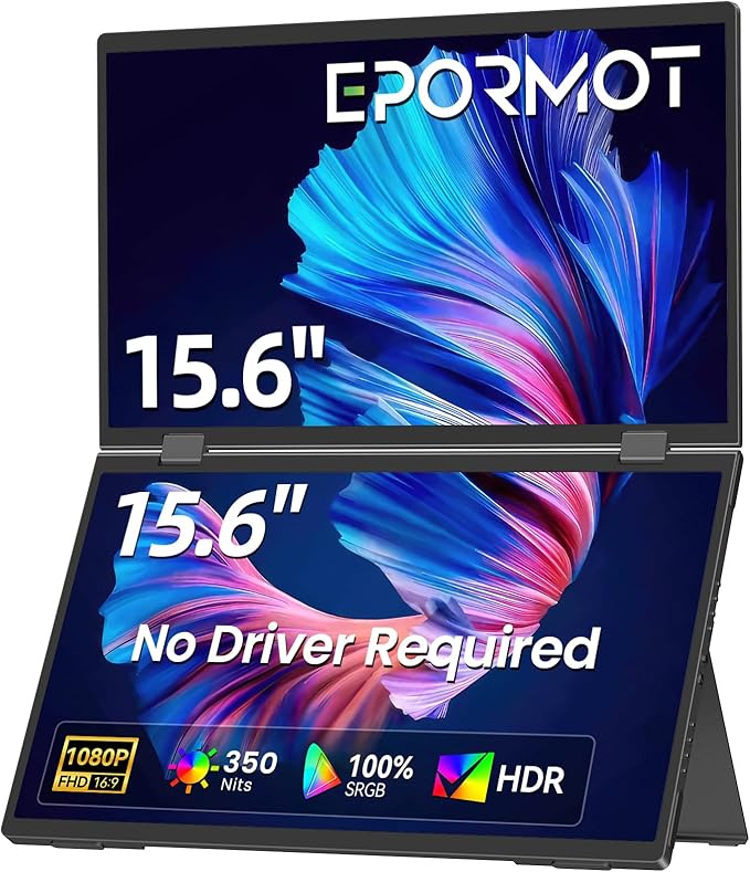 15.6 Dual-Screen Portable Monitor 350 Nits 1200:1 FHD IPS Seamless Extended Display Dual Device Connection Type-C/HDMI Anti-Glare Eye Care 105° Foldable Stand for Work &amp Travel