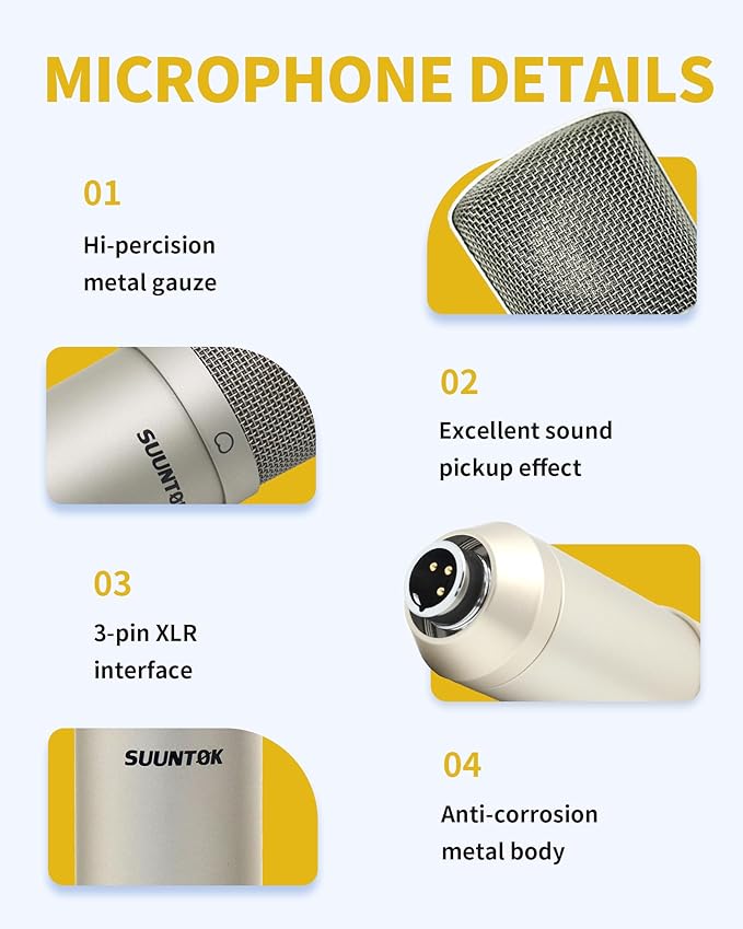XLR Condenser Microphone Recording Microphone for PC Computer Home Studio Cardioid Podcast Mic Kit for Streaming ASMR YouTube Voice-Over Gaming Vocal (Silver)