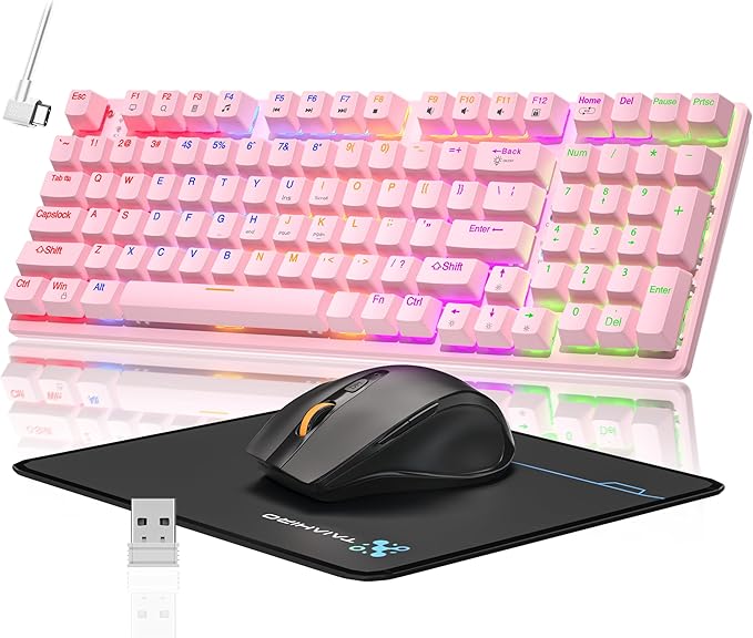 Wireless Mechanical Gaming Keyboard and Mouse Combo 98 Keys RGB Backlit Rechargeable 2000mAh Battery 3-Mode BT5.0/2.4G/USB-C (Pink)