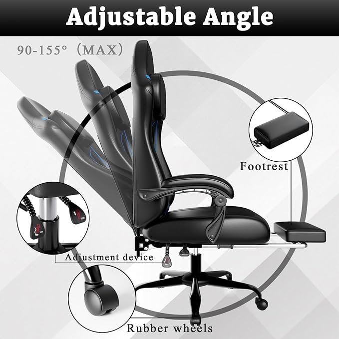 Gaming Chair with Pocket Spring Cushion &amp Footrest - Ergonomic Computer Chair with Adjustable Height Headrest &amp Swivel SeatFaux Leather Blue