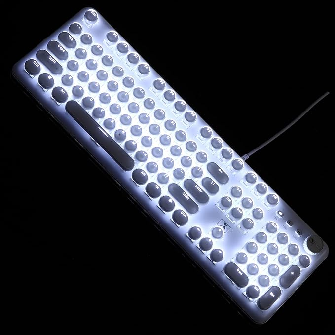 Gaming Keyboard with Retro Punk Typewriter Style. Blue Switch Stylish White Backlight and White Mechanical Keyboard Wired USB-A. for Game and Work.