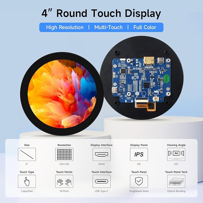 waveshare 4inch HDMI Round Touch Display 720 × 720 Resolution IPS 10-Point Touch Compatible with Raspberry Pi 5/4B/3B+/3A+/2B/B+/A+/Zero/Zero W/WH/Zero 2W Compatible with Jetson Nano and Mini PC
