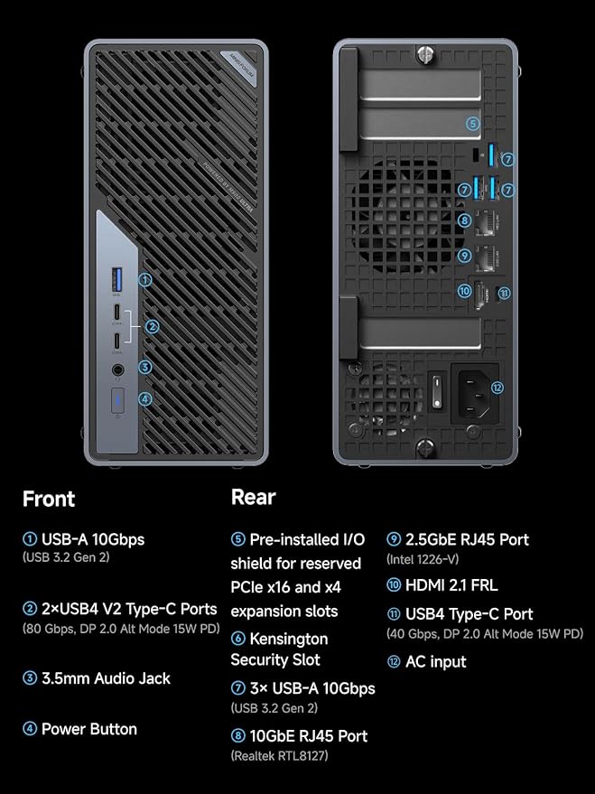 MINISFORUM MS-02 Ultra Workstation Mini PCIntel Core Ultra 5 235HX (14 cores/14 Threads up to 5.1 GHz) PCIe 5.0 x16 4× DDR5 USB4 v2 10GbE+2.5GbE (vPro) Wi-Fi 7 Barebone Without RAM/SSD
