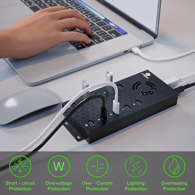 USB 2.0 Hub Type-C Multi Safety 10 Ports Powered with AC Adapter Aluminum USB Splitter with Cooling Fan - Type C for Laptops &amp PC PCFlash Drives HDD Hard Drive Mouse XPS Xbox Keyboard