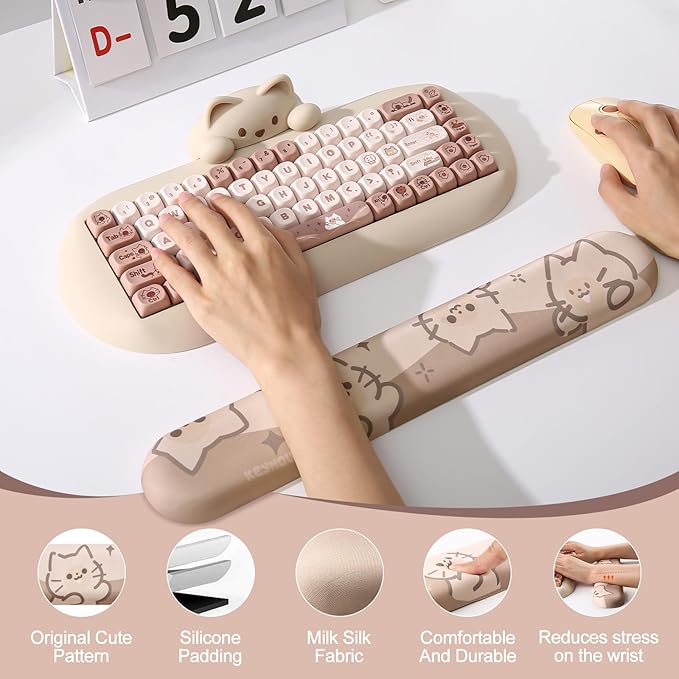 YUNZII Keyboard Wrist Support Ergonomic Mouse Support for Typing Pain Relief Slip Resistant PU Base Cute Wrist Rest for Office Gaming Computer (Cat)