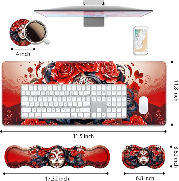 4 in 1 Ergonomic Keyboard Wrist Rest &amp Mouse Pad Wrist Rest Set Large XXL Gaming Desk Mat 31.5x 11.8 with Non-Slip Base Memory Foam for Home Office Study Gaming Sugar Skull Girl Roses